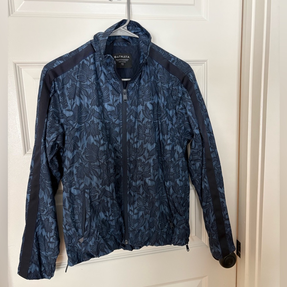 Athleta Dark Blue Floral & Lace Bomber Jacket